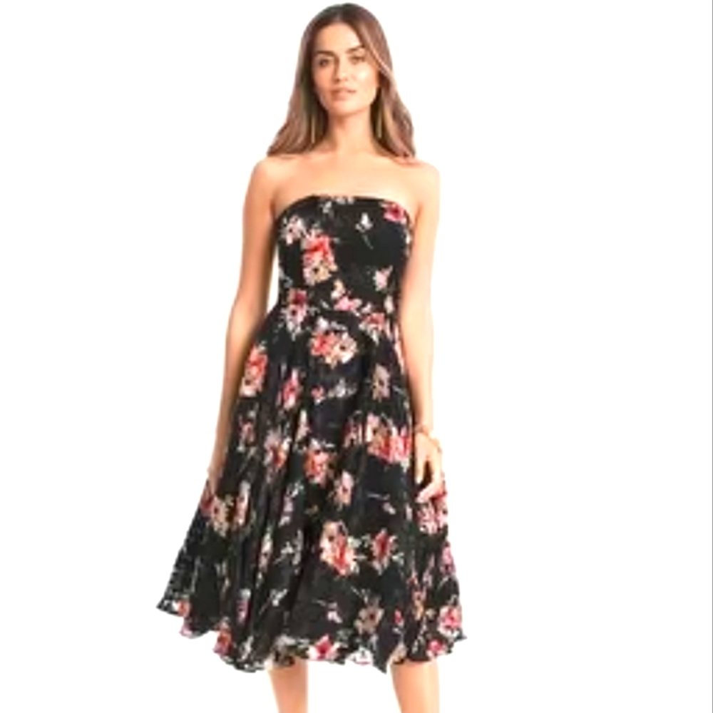*WHBM Black Floral Strapless Dress